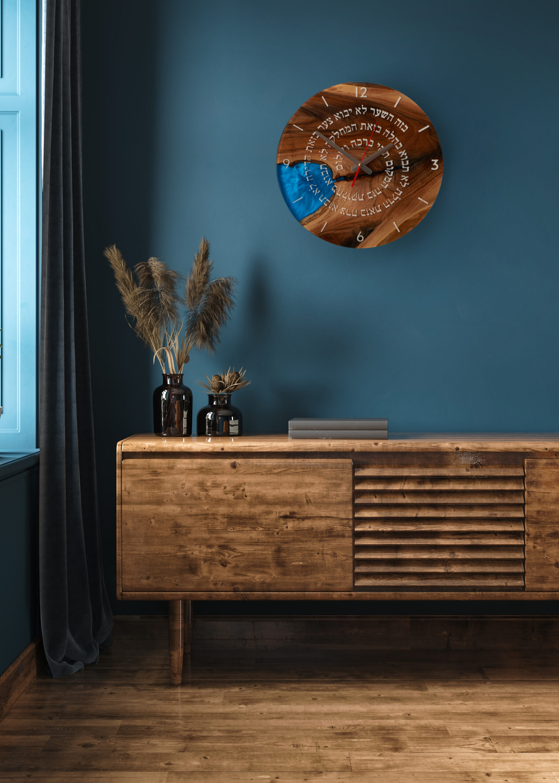 Commode,With,Decor,In,Living,Room,Interior,,Dark,Blue,Wall